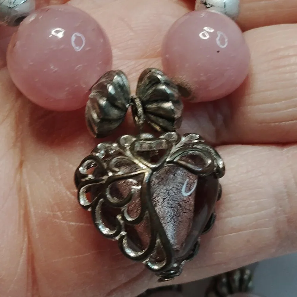 Artisan Made Vintage Pink Glass Bead Necklace Filigree Heart Dangle 19